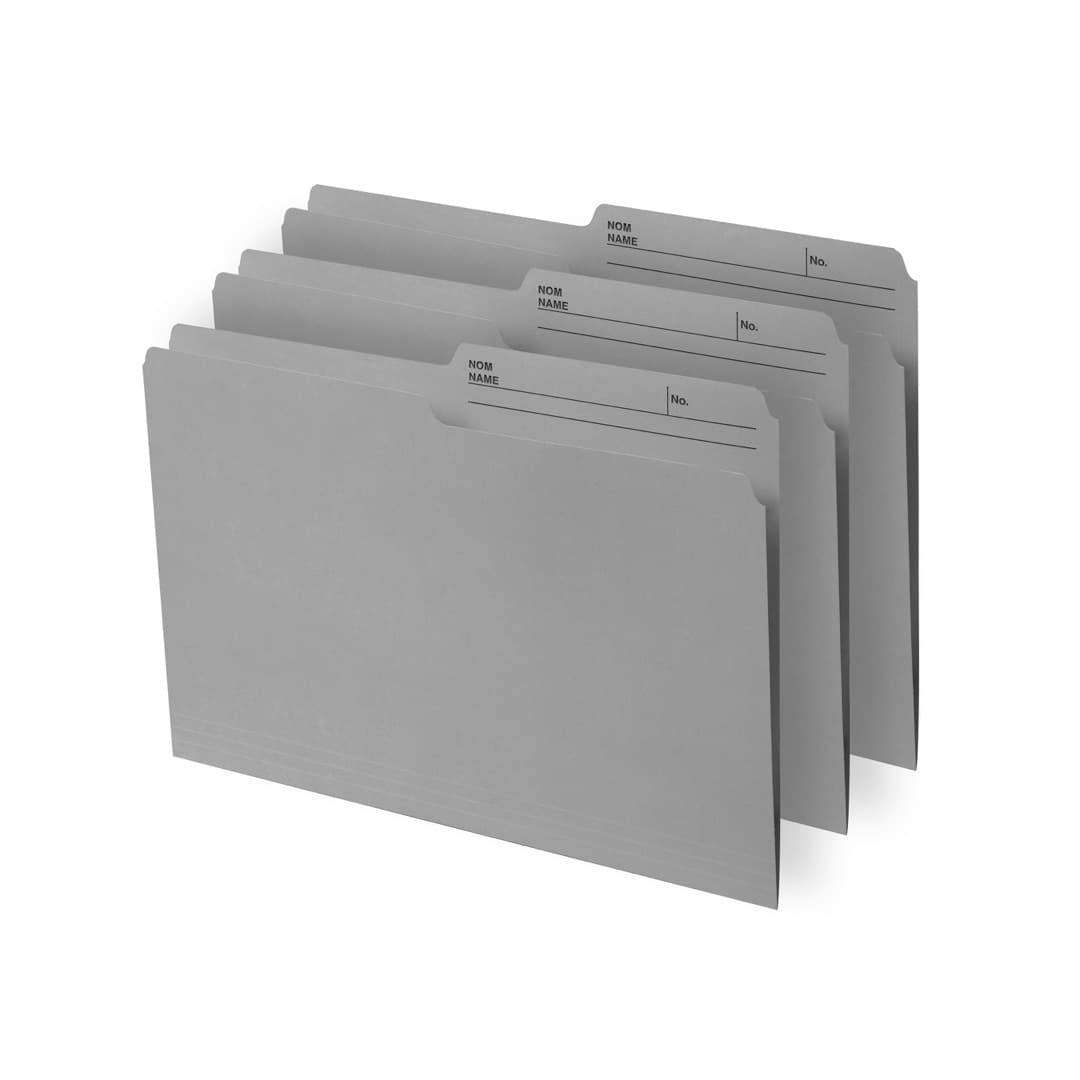 Three gray file folders fanned out, showing the ½‑cut reversible tab