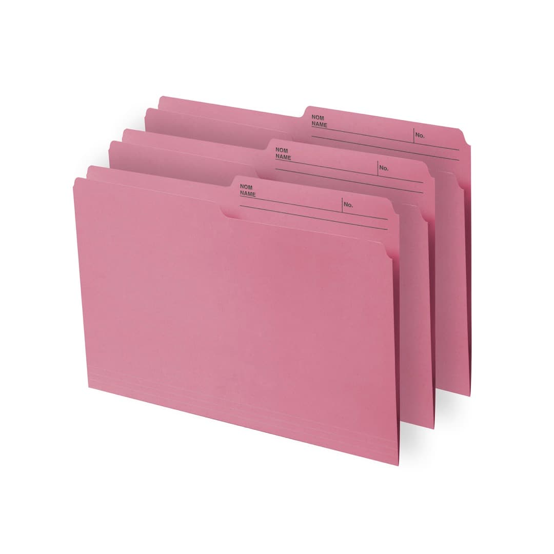Three pink file folders fanned out, showing the ½‑cut reversible tab