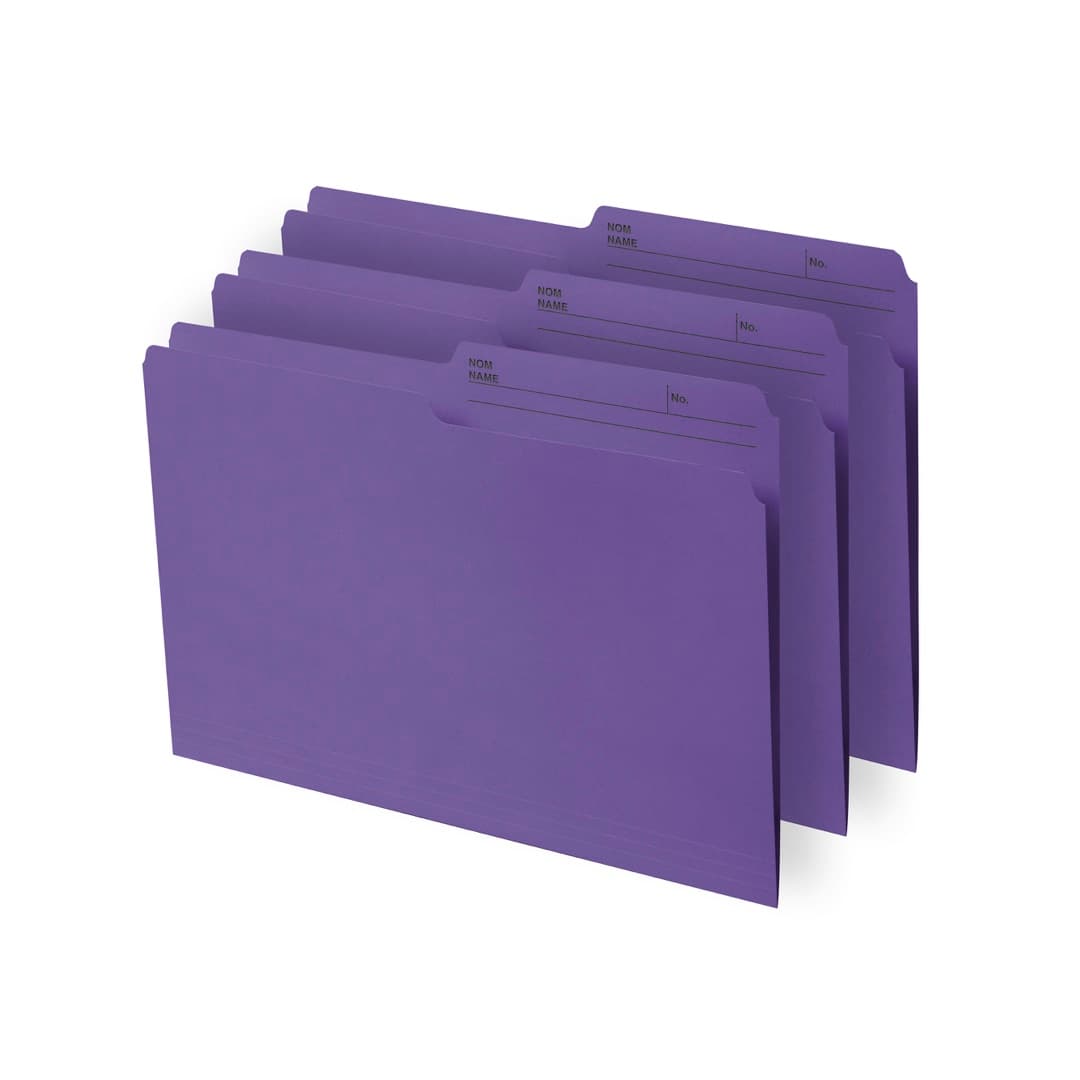 Trois chemises de classement violet disposées en éventail, montrant l’onglet réversible ½