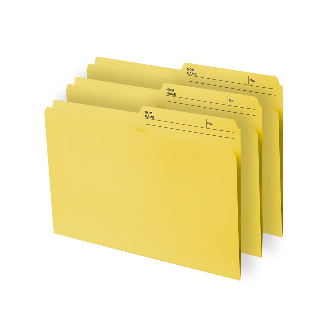 Three yellow file folders fanned out, showing the ½‑cut reversible tab