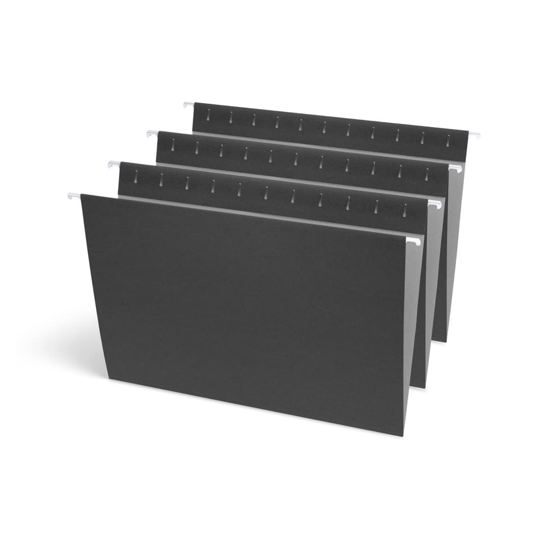 Four black hanging folders fanned out, showing the coated steel rods