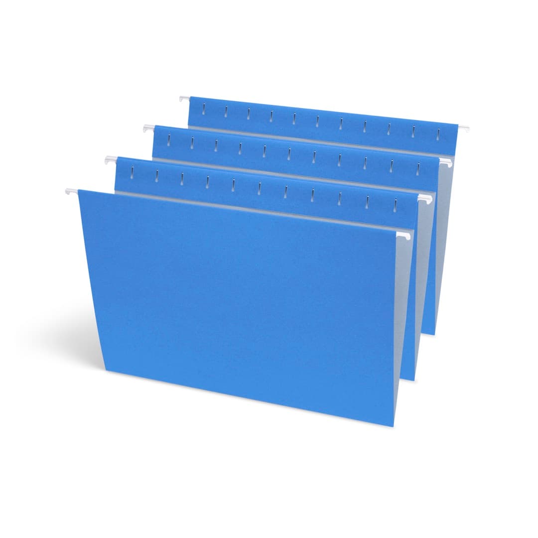 Four blue hanging folders fanned out, showing the coated steel rods