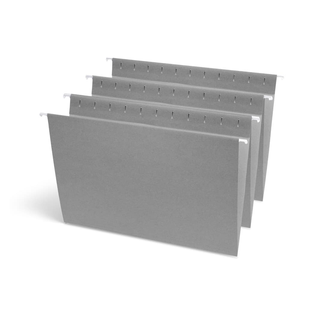Four gray hanging folders fanned out, showing the coated steel rods
