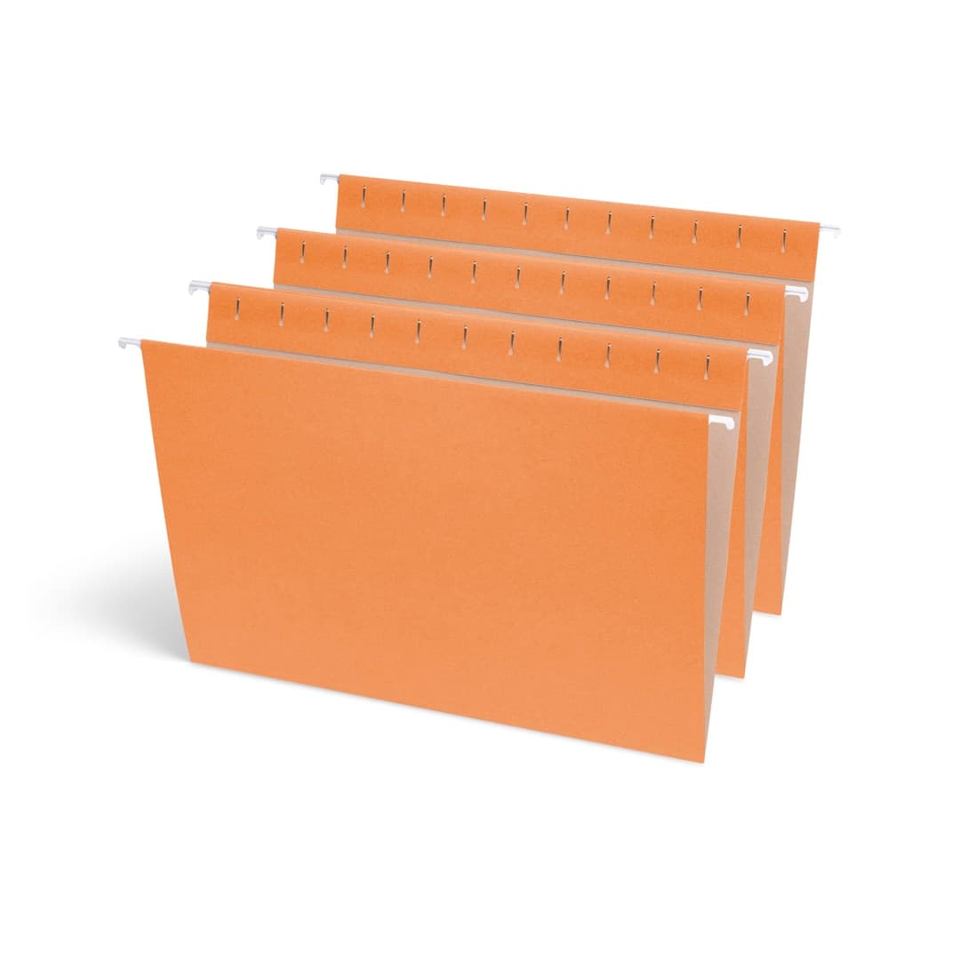 Quatre dossiers suspendus orange disposés en éventail, montrant les tiges d’acier