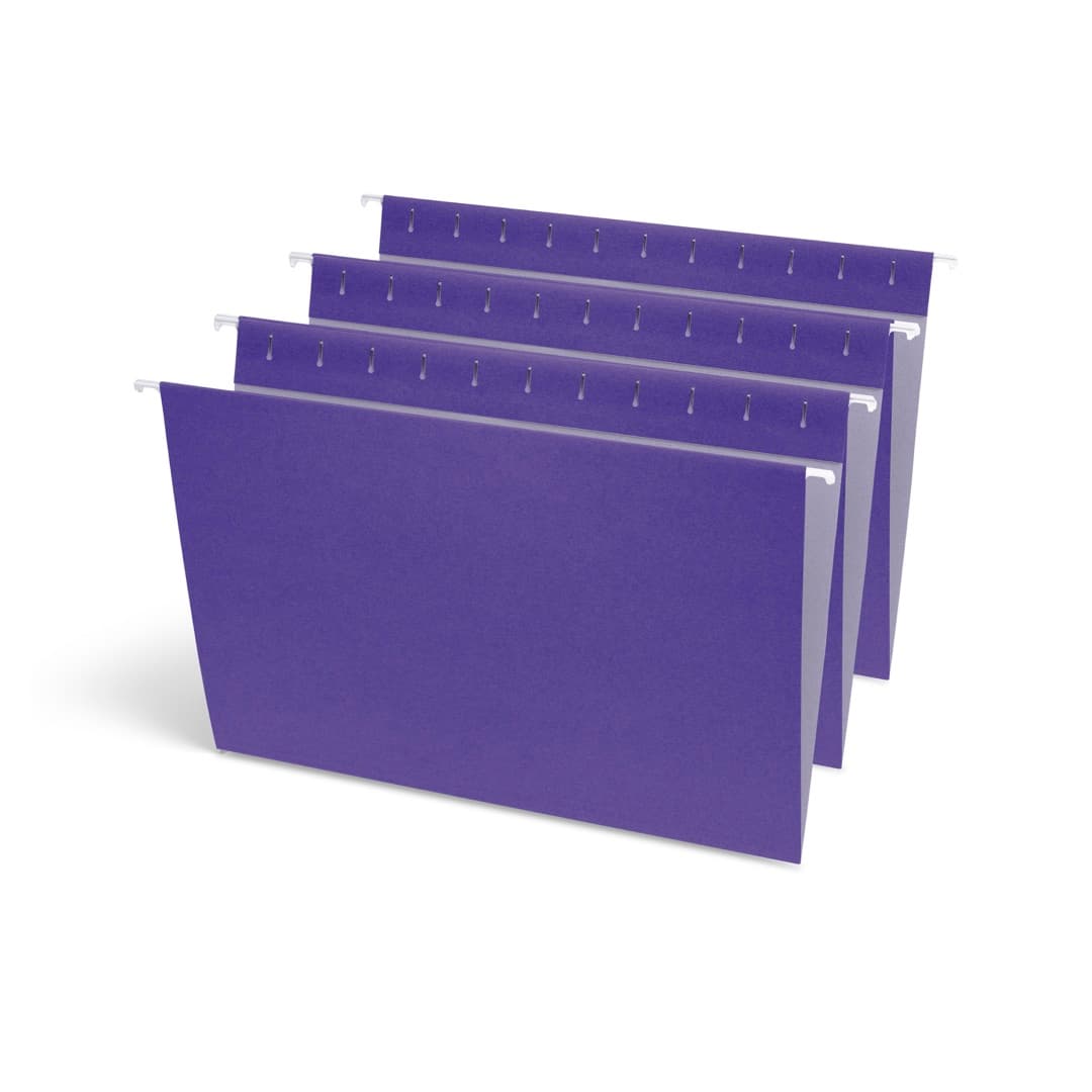 Four violet hanging folders fanned out, showing the coated steel rods