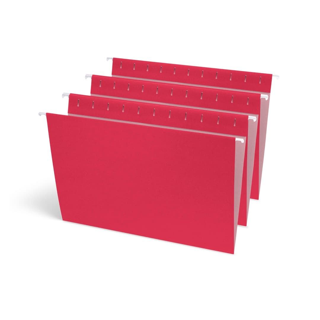Four red hanging folders fanned out, showing the coated steel rods