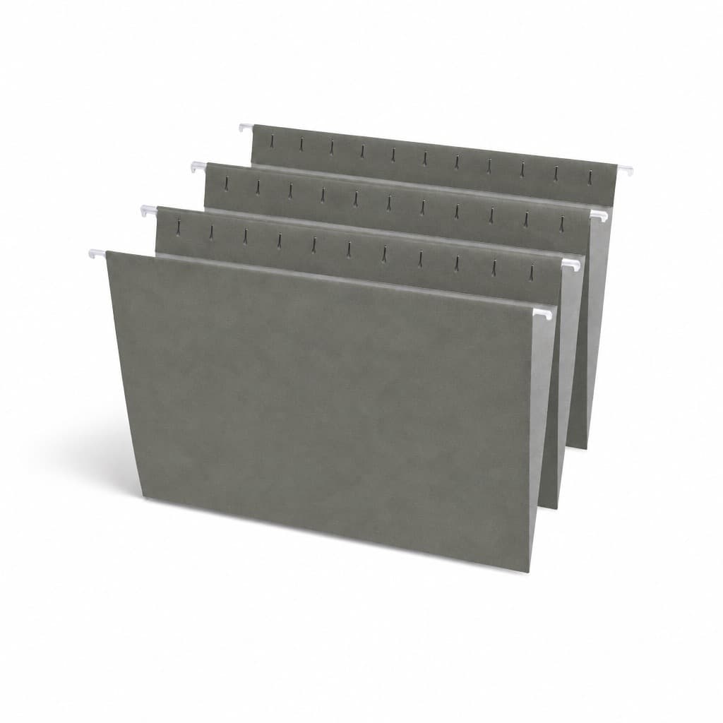 Four standard green hanging folders fanned out, showing the coated steel rods