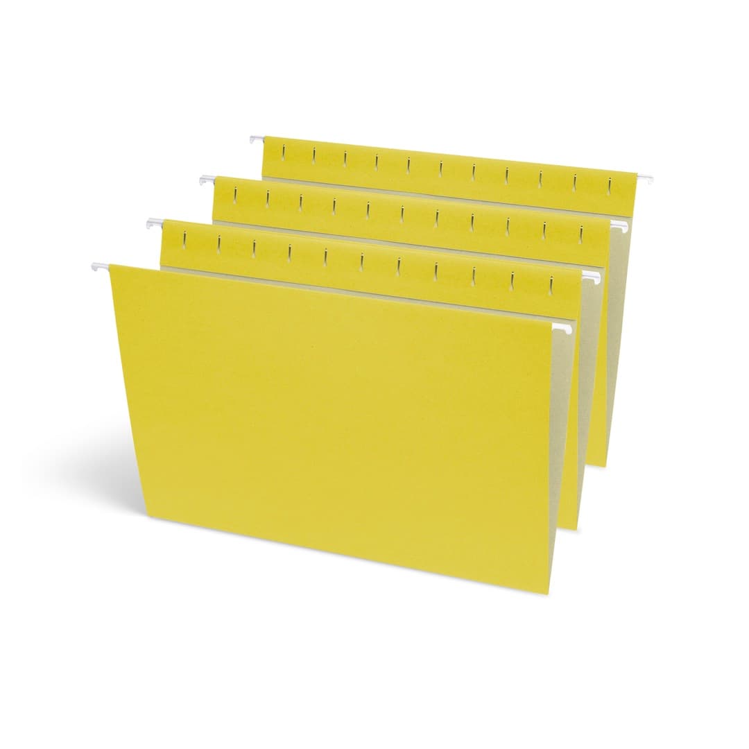 Four yellow hanging folders fanned out, showing the coated steel rods